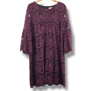 Charter Club Lace Dress 2X Burgundy Bell Sleeves Whimsigoth Vampy *Slight Flaw